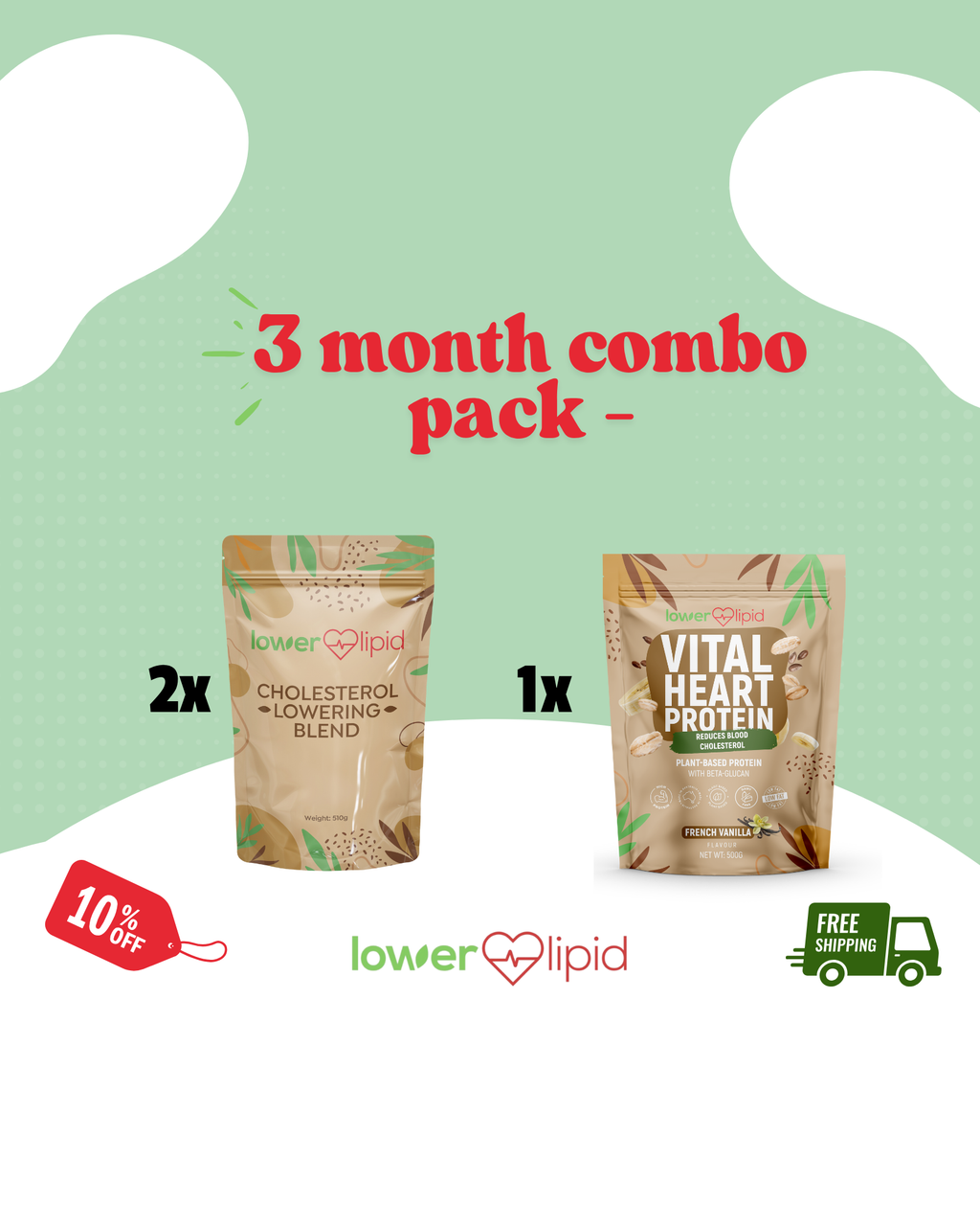 Three-month combo pack with cholesterol lowering blend and vital heart protein from lower lipid on a green background.