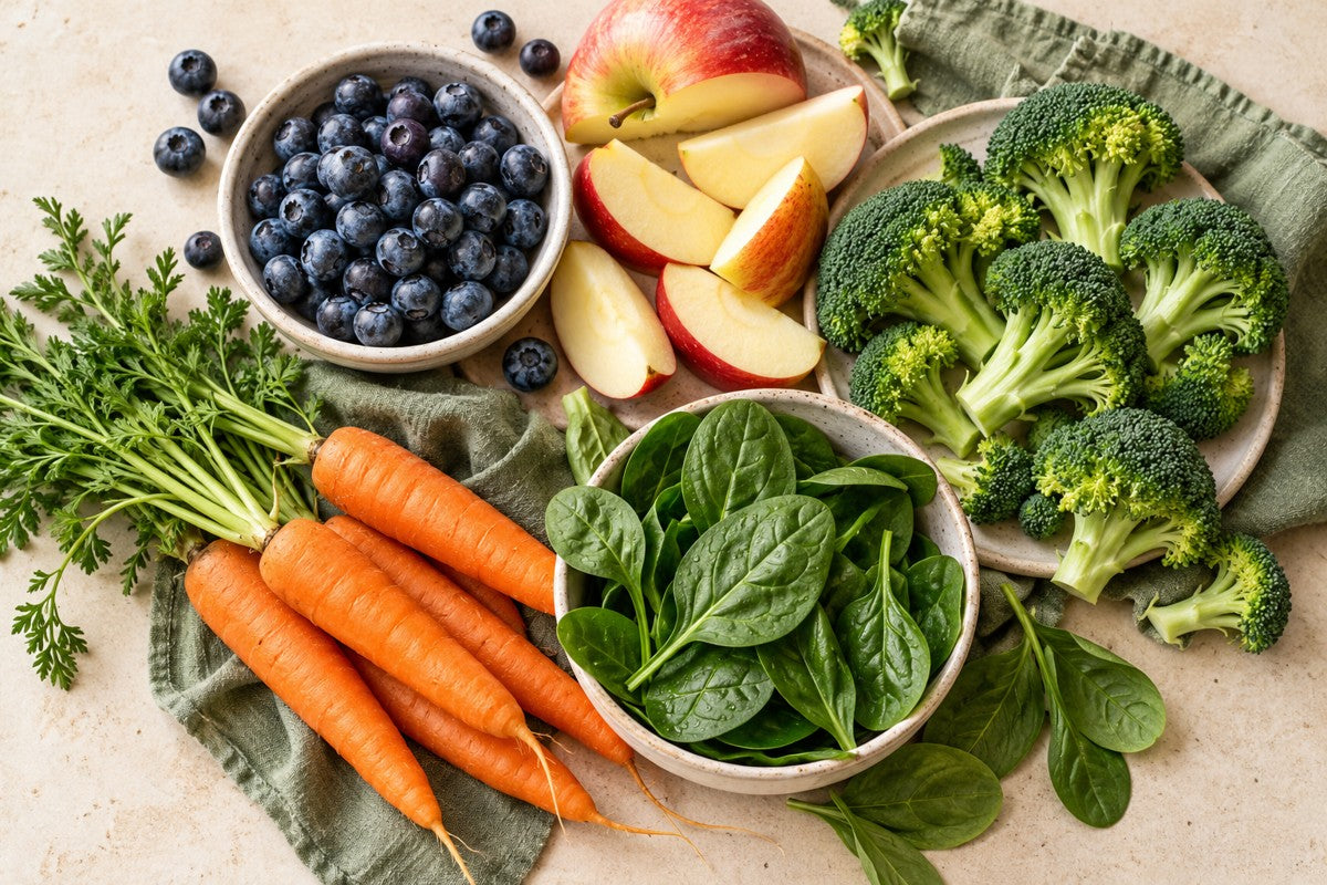 Berries, apple, broccoli, carrot and leafy spinach