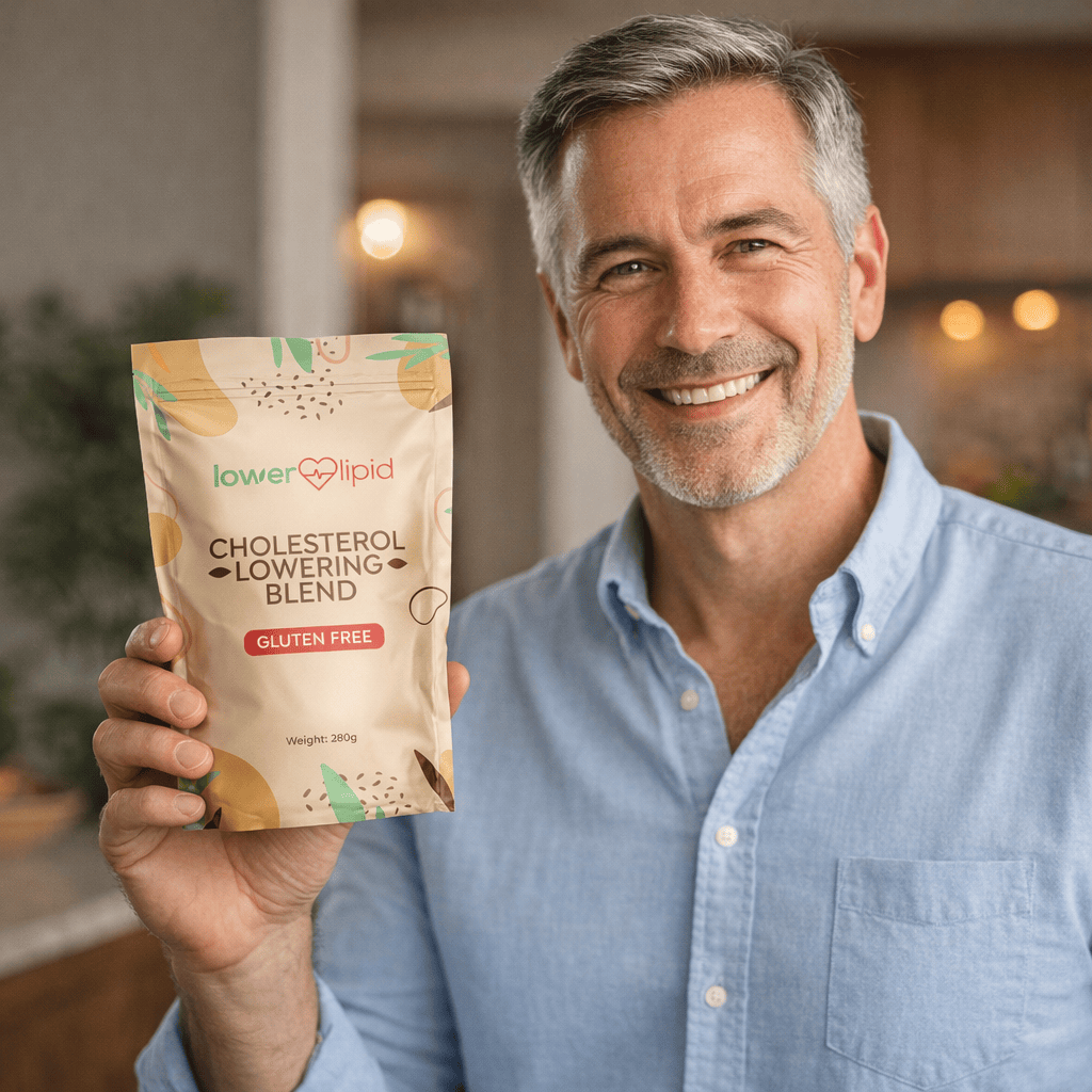 Man holding a package of 'lowerLipid Cholesterol Lowering Blend' in a kitchen setting