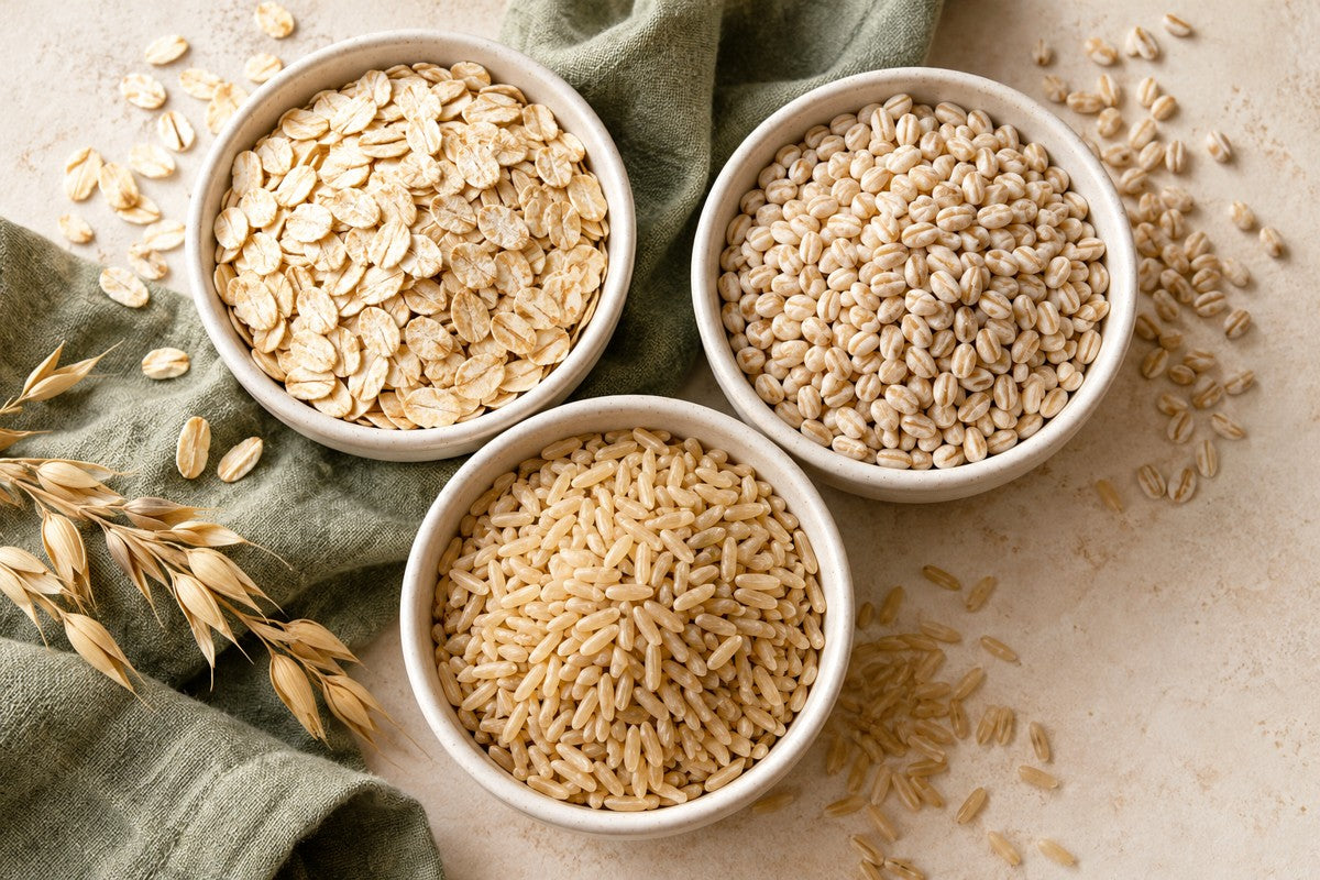 Rolled oats, pearl barley and brown rice